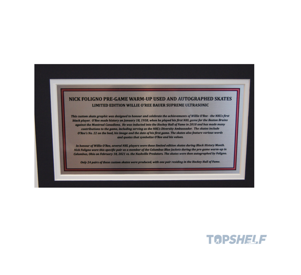Nick Foligno Pre-Game Warm-up Used and Autographed Skates (Framed) - Limited Edition Willie O’Ree Bauer Supreme Ultrasonic