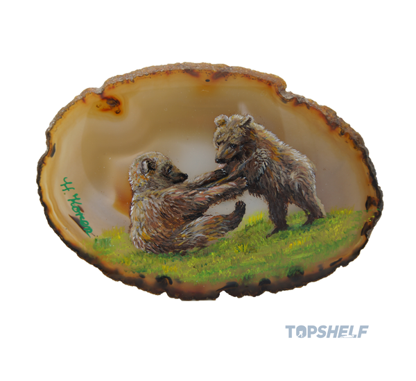 "Grizzlies at Play" by Helga Koren - Original Acrylic Art on Polished Agate Specimen