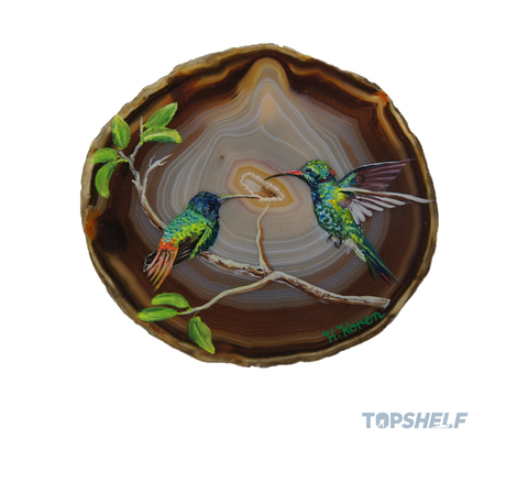 "Humming Birds" by Helga Koren - Original Acrylic Art on Polished Agate Specimen