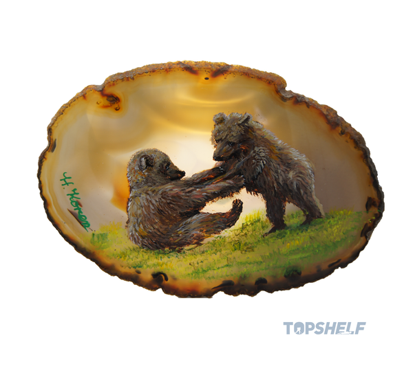 "Grizzlies at Play" by Helga Koren - Original Acrylic Art on Polished Agate Specimen