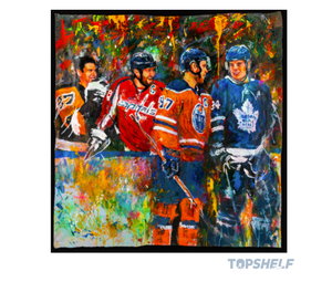 Crosby, Ovechkin, McDavid and Matthews “Modern Superstars” - Original Painting on Canvas by  Murray Henderson (37 1/4” x 37 1/4” framed)