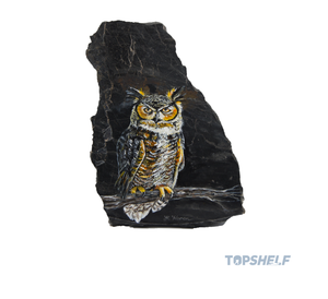 "Great Horned Owl" by Helga Koren - Original Acrylic Art on Polished Slate with Silver and Copper Ore