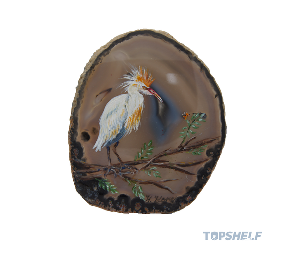 "White Heron" by Helga Koren - Original Acrylic Art on Polished Agate Specimen
