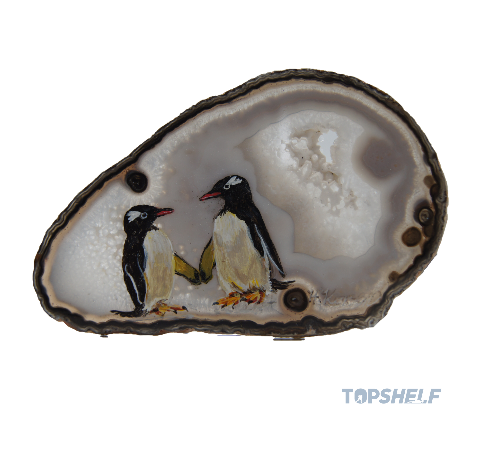 "Penguins" by Helga Koren - Original Acrylic Art on Polished Agate Specimen