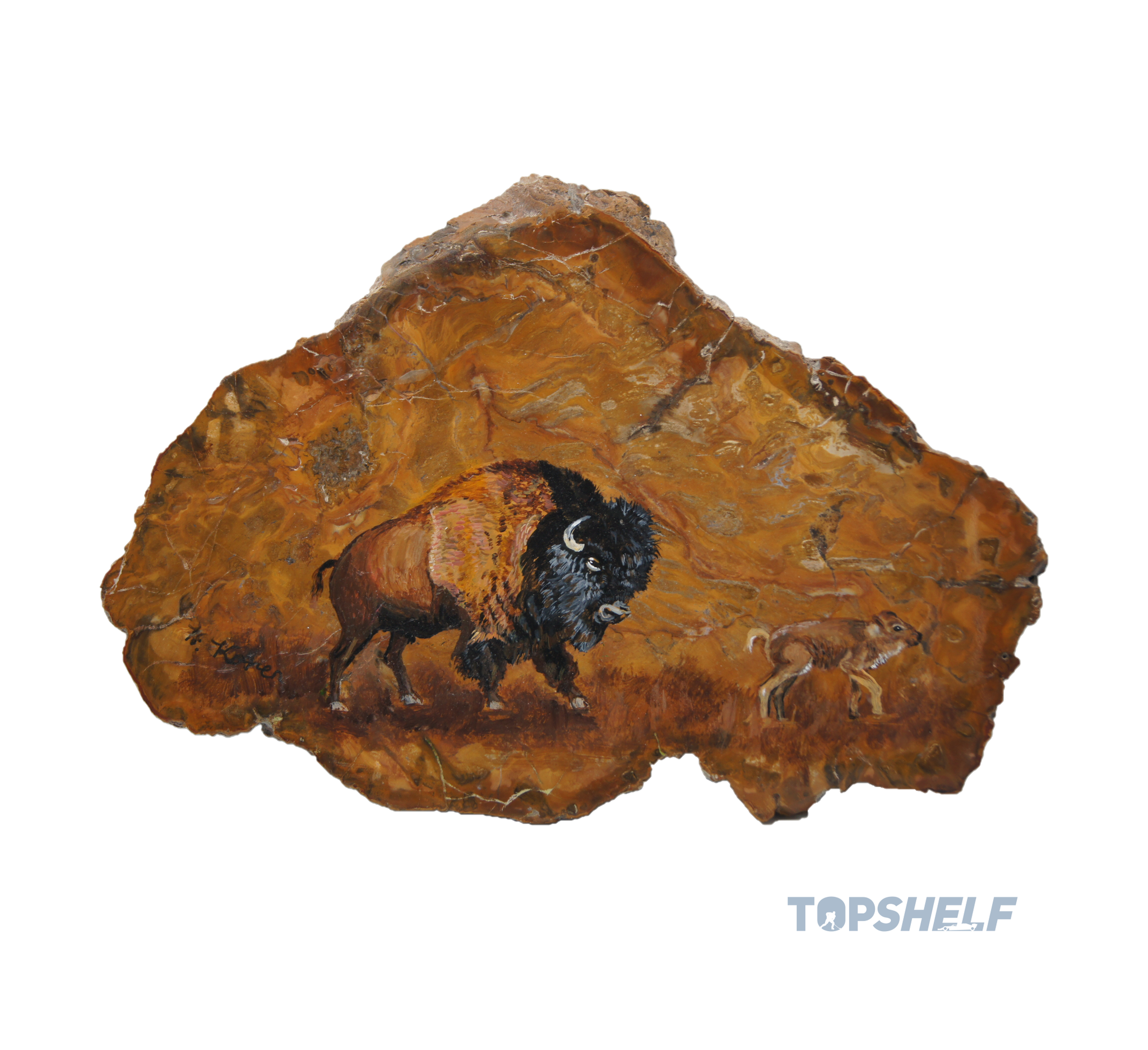 "Bison with Calf" by Helga Koren - Original Acrylic Art on Polished Petrified Wood
